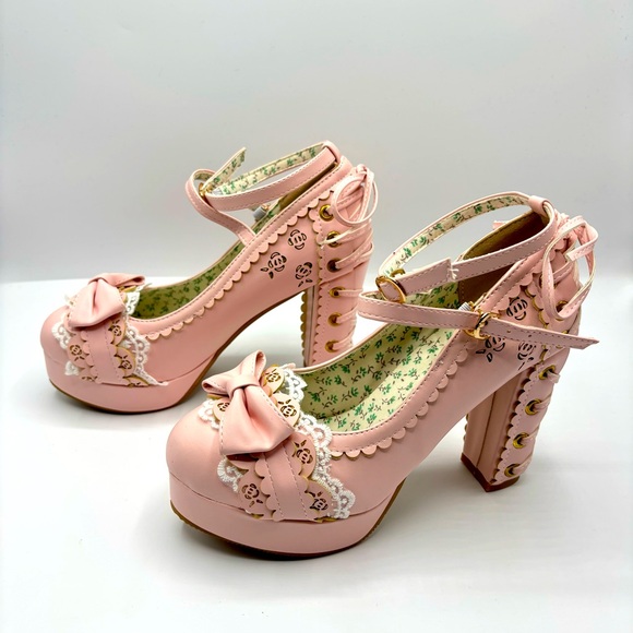 Bow Lace Princess Lolita Shoes Womens Chunky High Heels Ankle Strap Pumps Size 8 - Picture 7 of 12